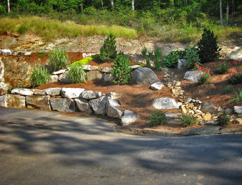 A rock garden in the middle of a wooded area.