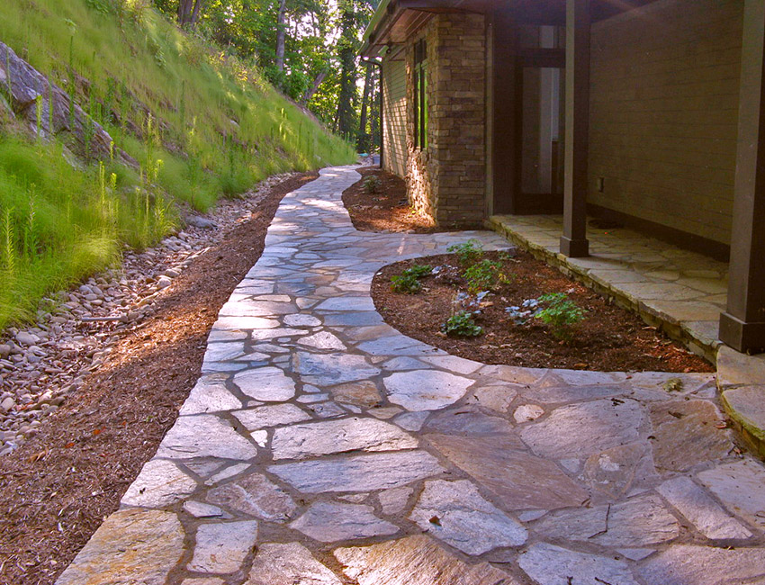 A Stone Pathway With Plant Sections in Between